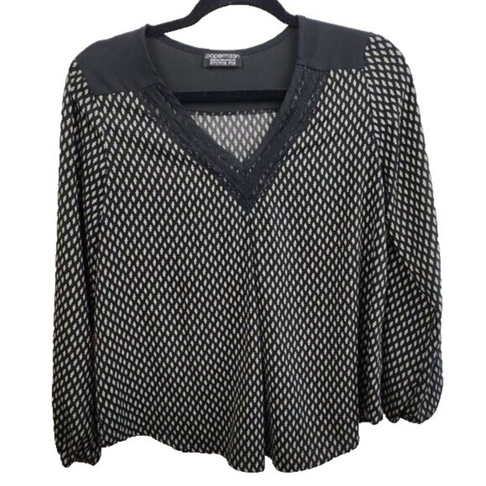 Papermoon Stitch Fix Womens BOHO Top Small Black Printed Lace Trim Long Sleeve
